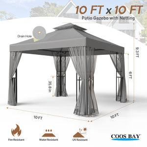 COOS BAY 10x10 Patio Gazebo with Mosquito Netting and Corner Shelves