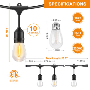 COOS BAY Solar-Powered 25 FT S14 String Lights, IP65, 10 Shatterproof Edison Vintage Bulbs (2 Spare) for Outdoors, 10 Hanging Sockets, Decorative Lights for Patio, Garden, Wedding, Party, and Pool