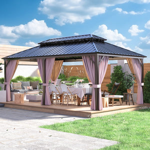 COOS BAY Double Galvanized Steel Roof and Aluminum Frame Gazebo with Curtains and Netting