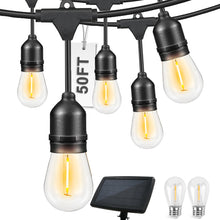 Load image into Gallery viewer, COOS BAY Solar-Powered 50 FT S14 String Lights, IP65, 15 Shatterproof Edison Vintage Bulbs (2 Spare) for Outdoors, 15 Hanging Sockets, Decorative Lights for Patio, Garden, Wedding, Party, and Pool