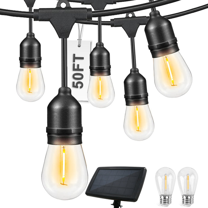 COOS BAY Solar-Powered 50 FT S14 String Lights, IP65, 15 Shatterproof Edison Vintage Bulbs (2 Spare) for Outdoors, 15 Hanging Sockets, Decorative Lights for Patio, Garden, Wedding, Party, and Pool