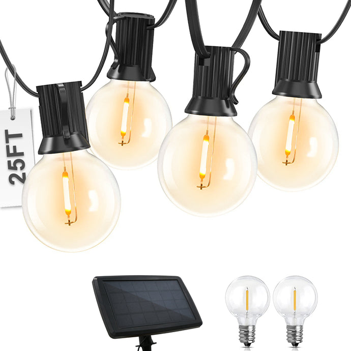 COOS BAY Outdoor Solar Powered String Lights 25 Feet G40 with 25 Shatterproof Bulbs (2 Spare), 4 Lighting Modes for Garden, Porch, Patio Gazebo Canopy Decor - Waterproof, E12 Base, 2700K