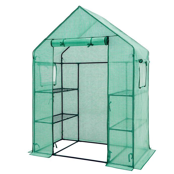 COOS BAY Walk in Mini Greenhouse with Windows, 57x29x77 Inch, 3 Tiers 4 Shelves Portable Plant Gardening Hot House with Roll-up Door, Green