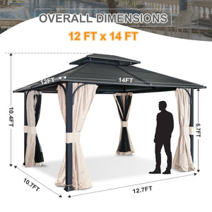 COOS BAY 12x14 Hardtop Gazebo with Curtains and Netting, Outdoor Double Roof Steel Canopy Gazebo for Garden, Patio, Lawn and Party