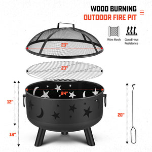 COOL Spot 24 Inch Wood Burning Outdoor Fire Pit, Round Big Sky Stars and Moons Firepit Bowl with Spark Screen, Cover and Poker