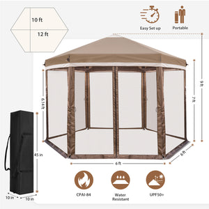 COOS BAY 6 Sided Hexagon Pop Up Gazebo Tent w/Mosquito Netting (90 Square Feet of Shade) Easy Setup Center Push Outdoor Instant Gazebo Canopy Shelter (Beige)