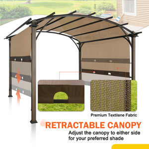 COOS BAY 11.4x11.4 Outdoor Pergola with Wood Looking Steel Frame, Retractable Textilene Sun Shade Gazebo Canopy, Brown