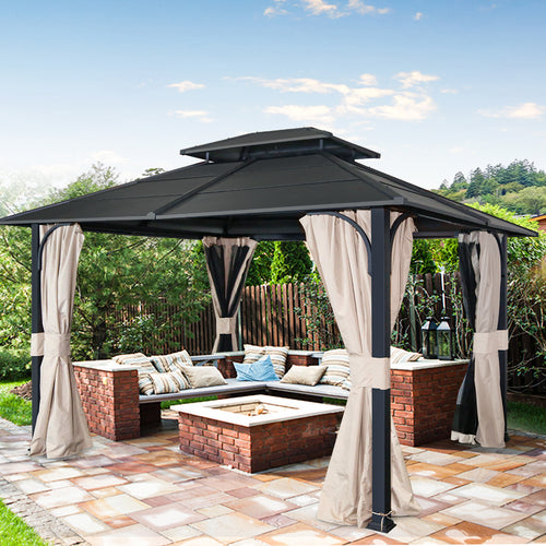 COOS BAY 10x12 Hardtop Gazebo with Curtains and Netting, Outdoor Double Roof Steel Canopy Gazebo for Garden, Patio, Lawn and Party