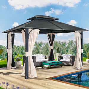 COOS BAY 10x12 Hardtop Gazebo with Curtains and Netting, Outdoor Double Roof Steel Canopy Gazebo for Garden, Patio, Lawn and Party