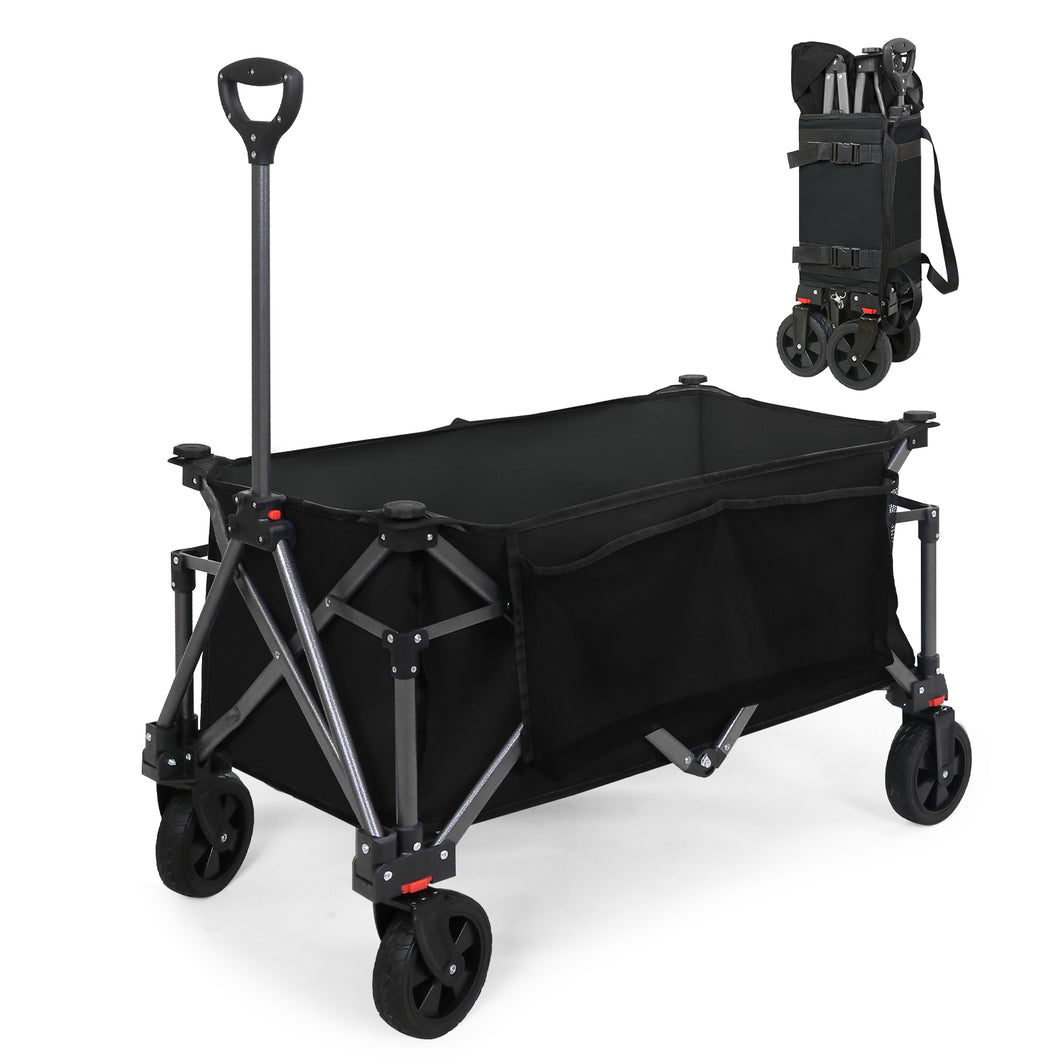 COOS BAY Heavy-Duty Folding Collapsible Utility Wagon with Large Side Pockets and Cup Holders, All Terrain Garden Cart for Sports, Garden, Camping, Beach, and Grocery,  Black / Dark Blue